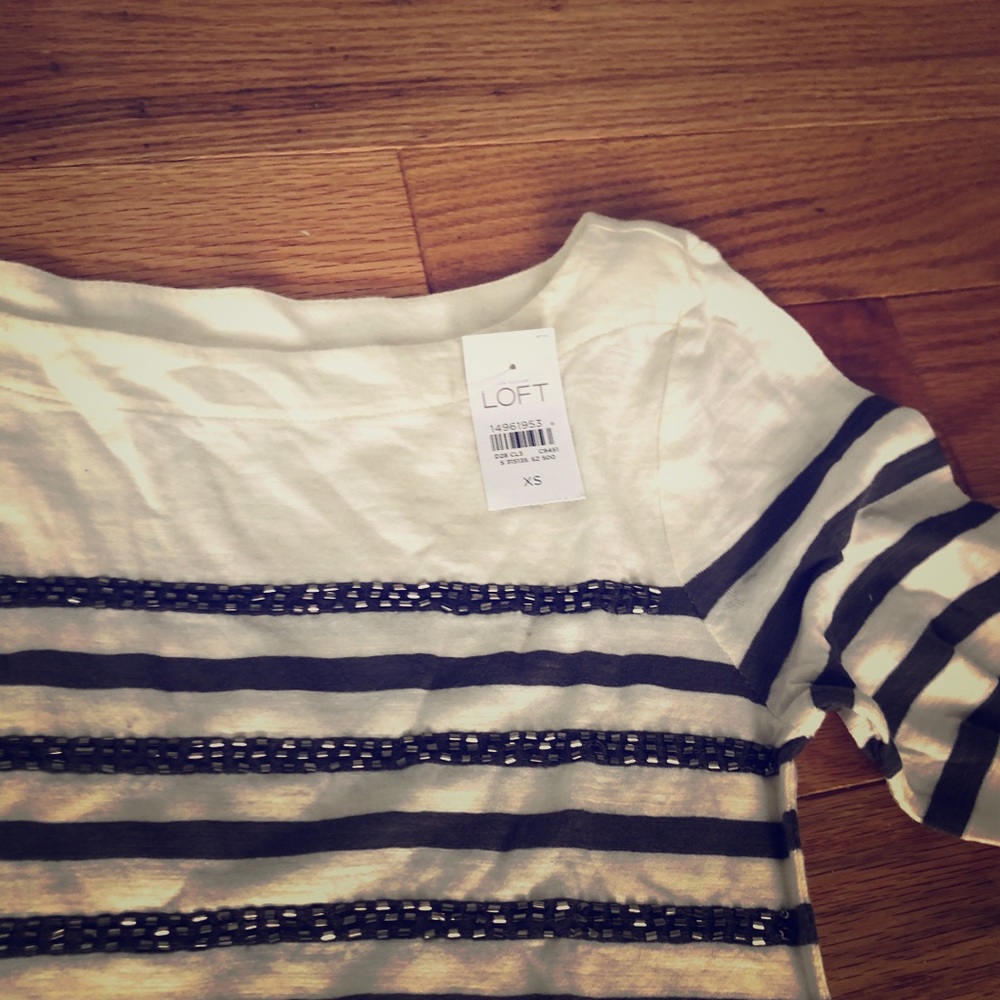 LOFT Grey and white striped top with beading